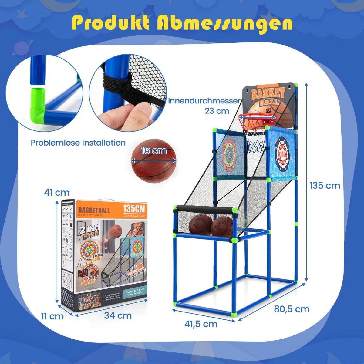 Arcade Basketball Spielset Mit Anzeigetafel & Soundeffekt Inkl. 2 Basketbälle & Pumpe Blau